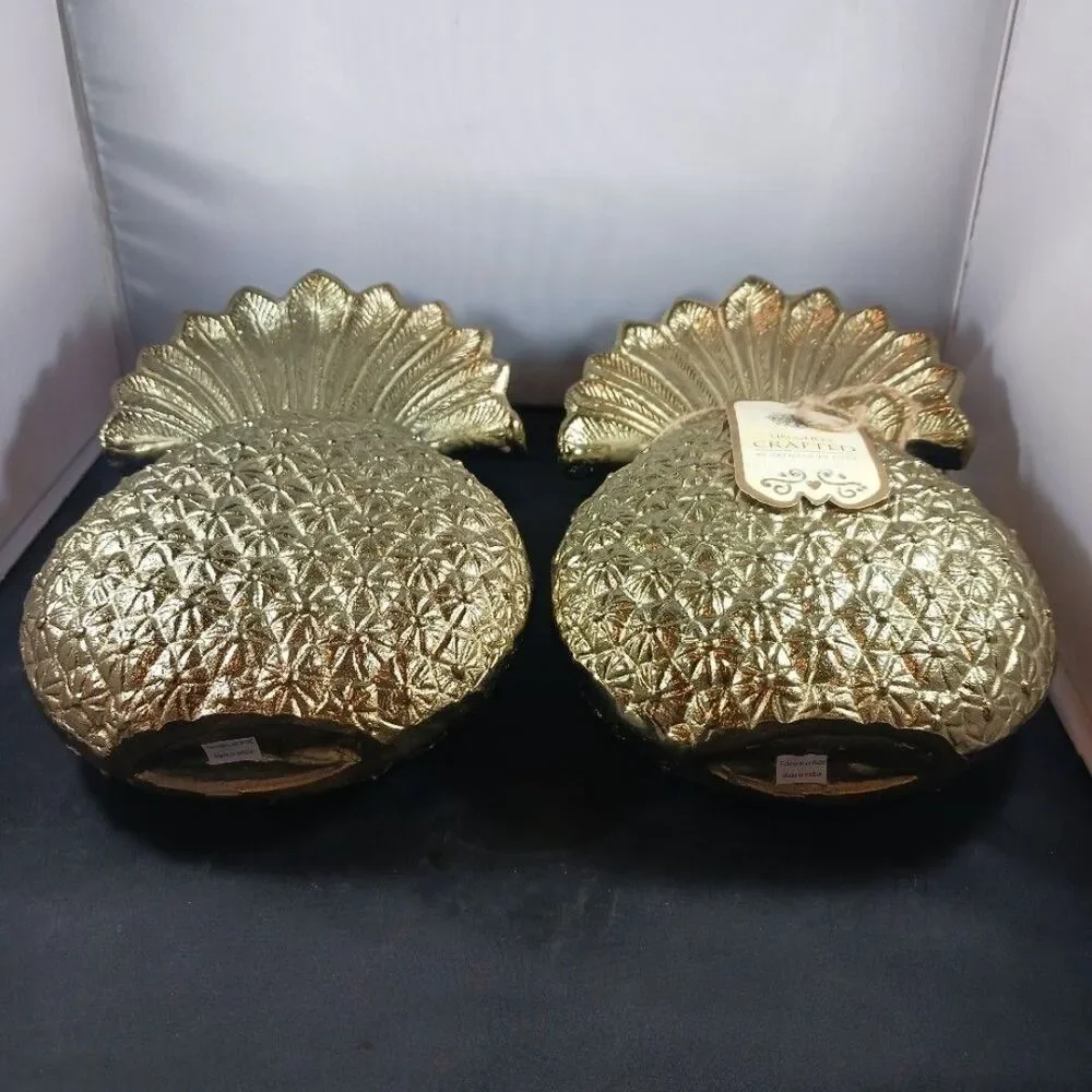 2 Artisan Pineapple Gold Color Metal Vase